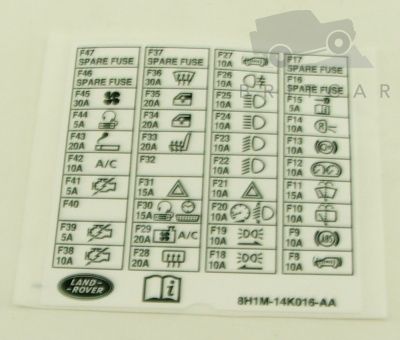 Image of LR009790, a 'DECAL FUSE BOX DEF 07>' part